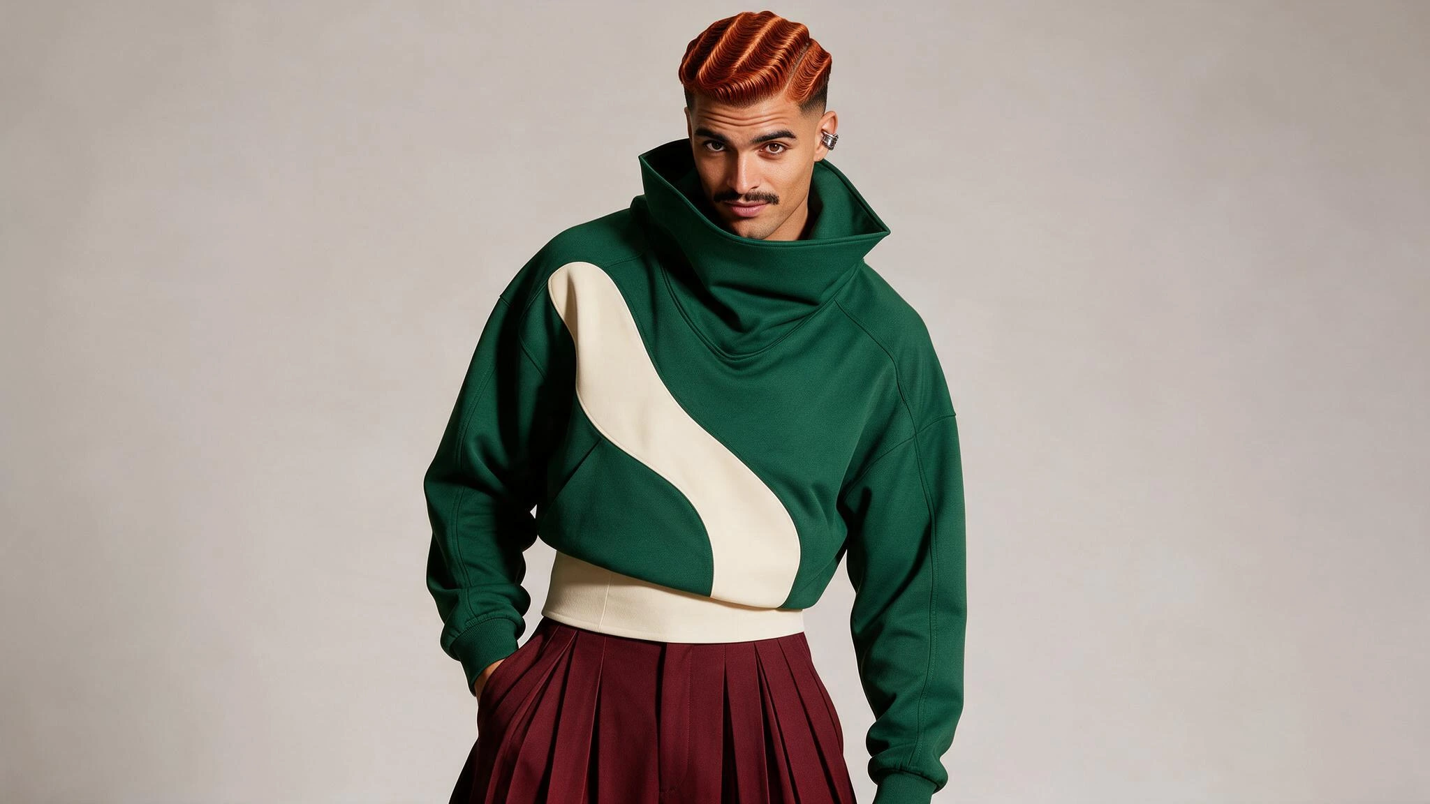 Influencer de IA con ondas de color rojo cobre y bigote.