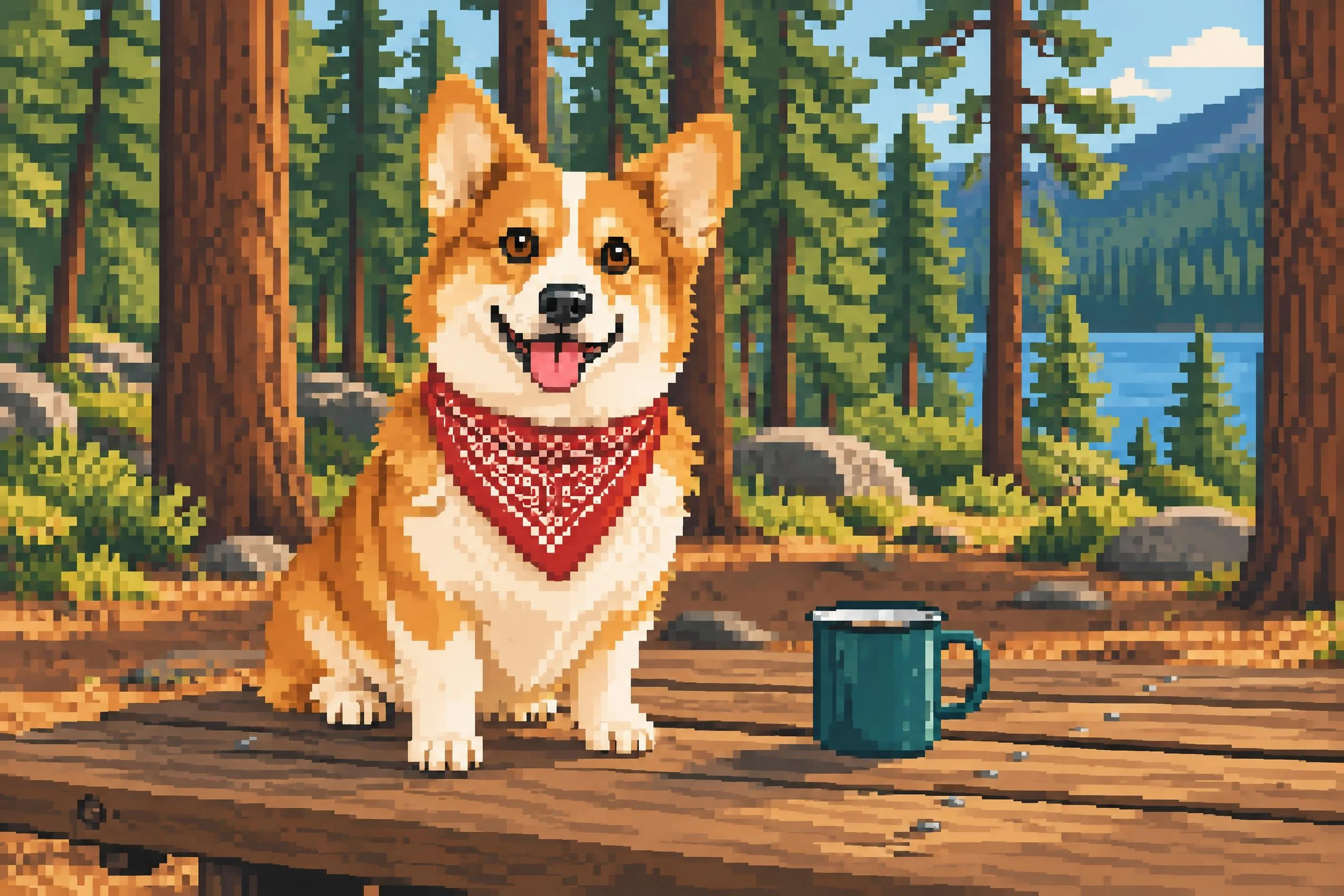 Pixel-style interpretation of the corgi, red bandana, teal mug, and lakeside campsite.