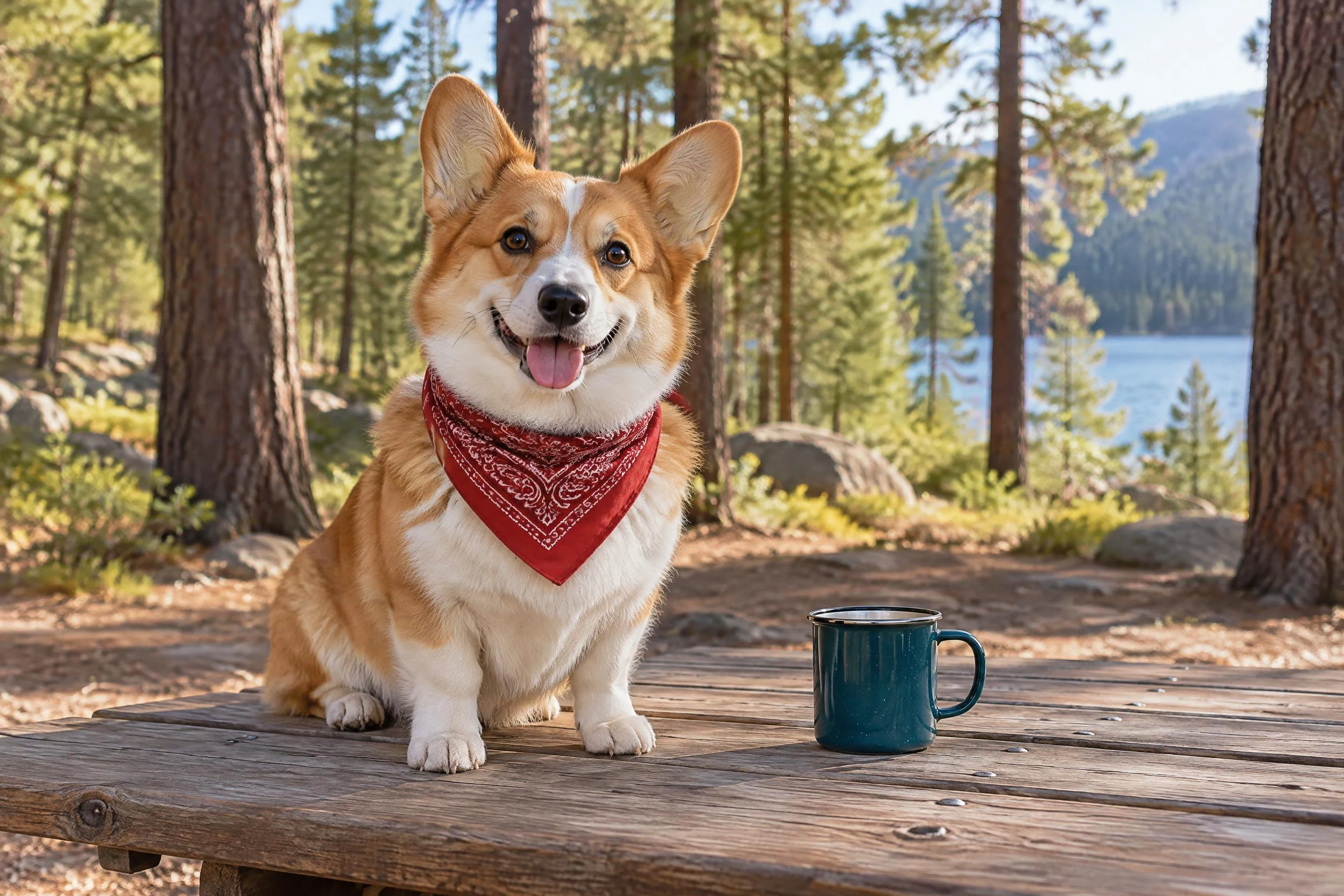 AI-generated reference photo of a corgi wearing a red bandana beside a teal camping mug.