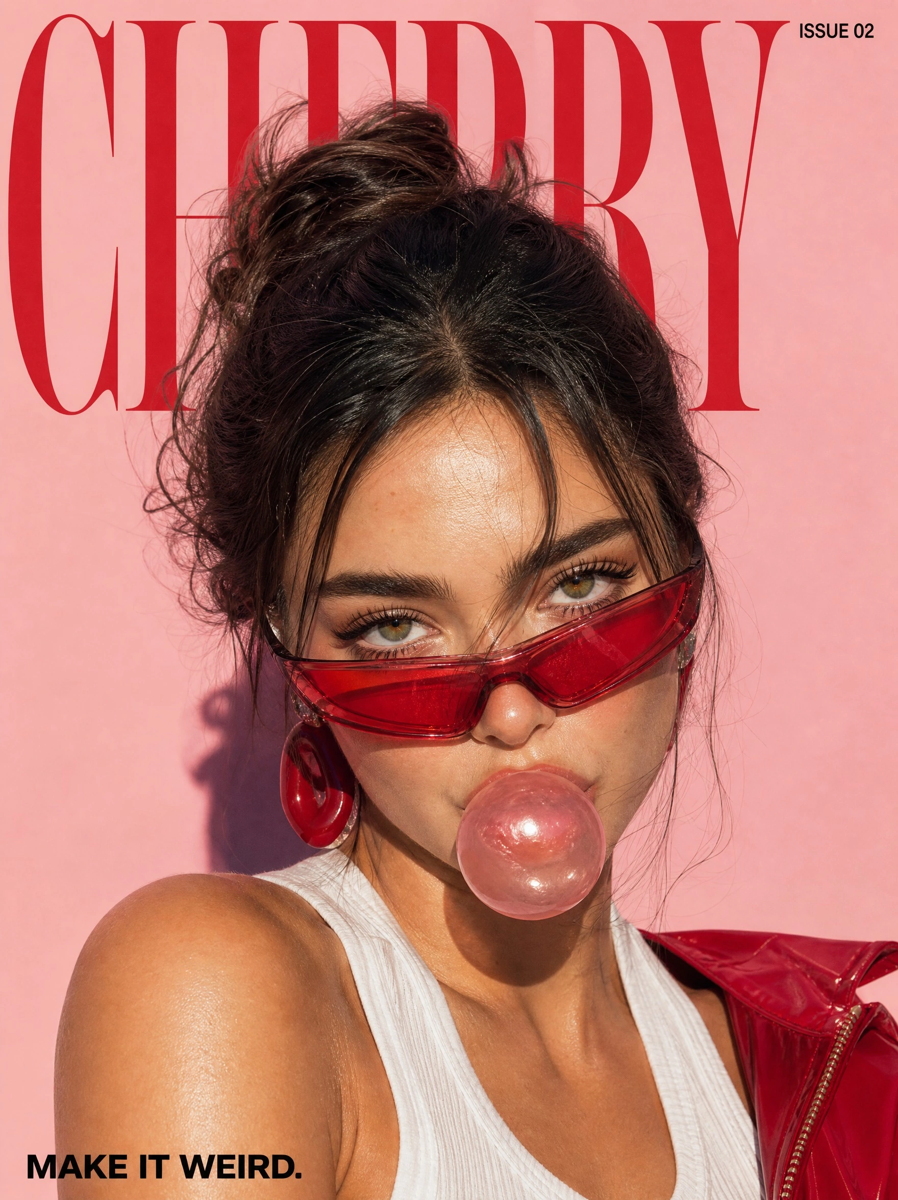 Fashion cover with red sunglasses, a pink bubblegum bubble, and CHERRY typography.