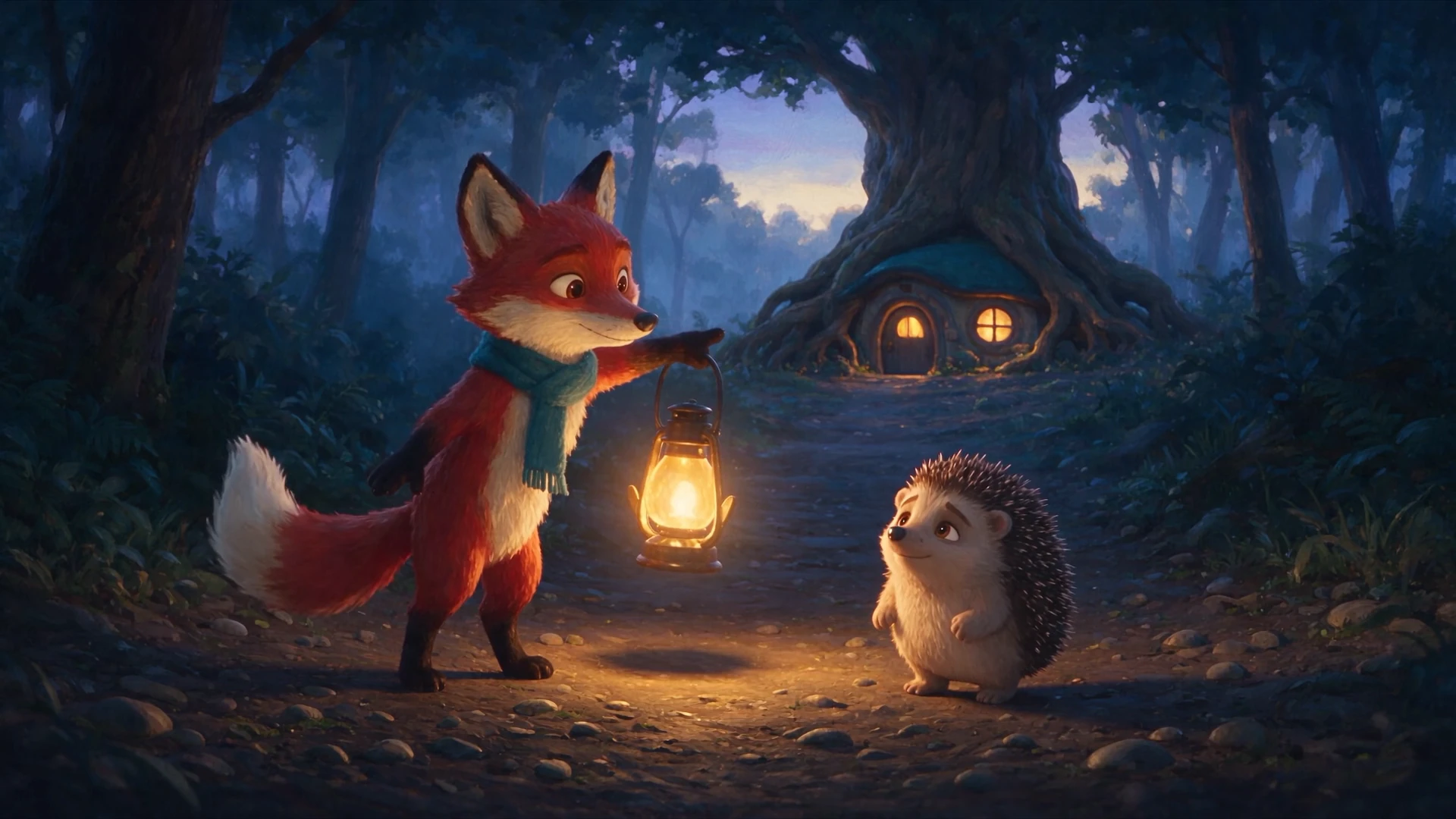 A fox guides a hedgehog home through a moonlit forest