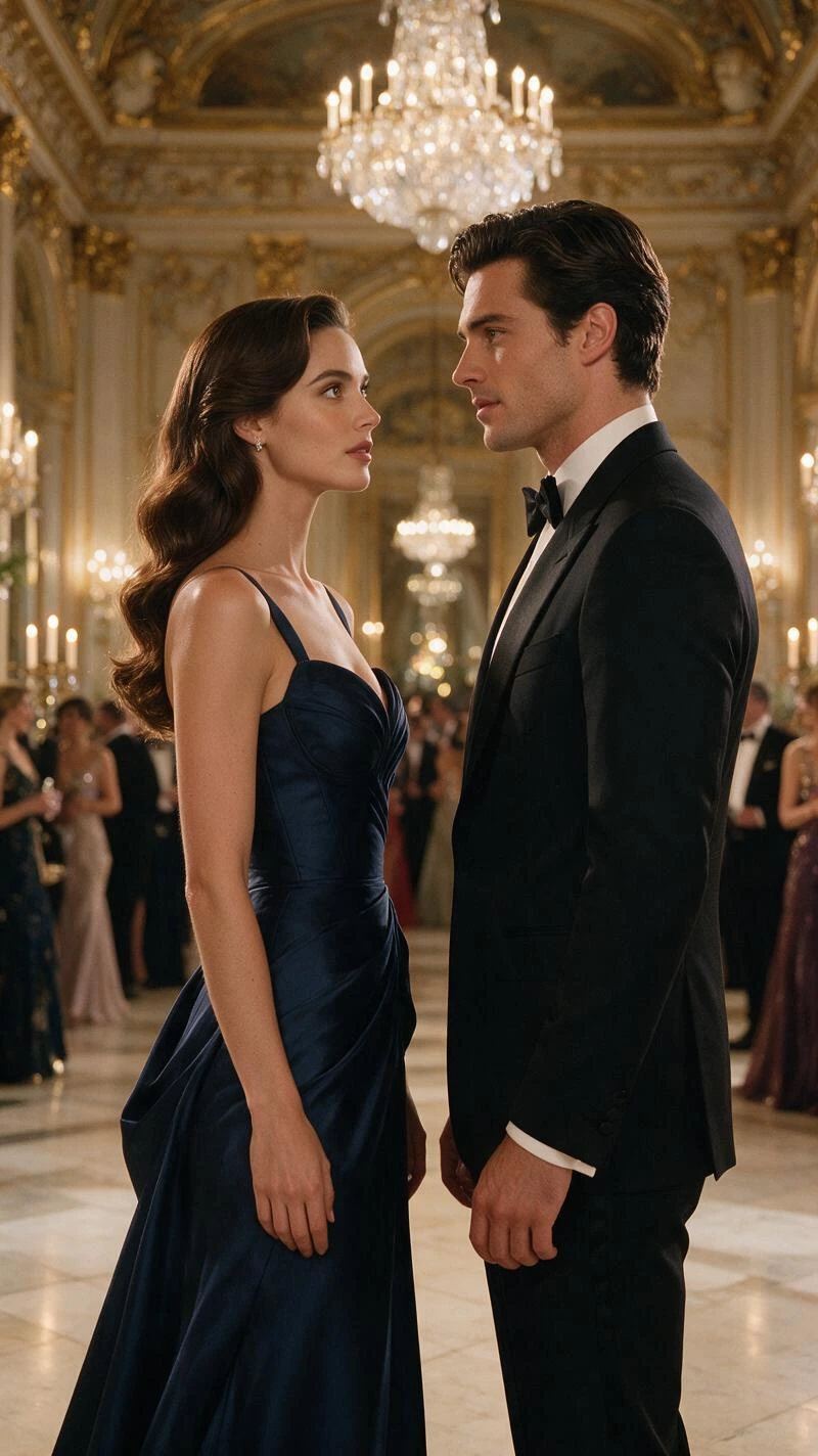 A man and a woman stand facing each other in the banquet hall.