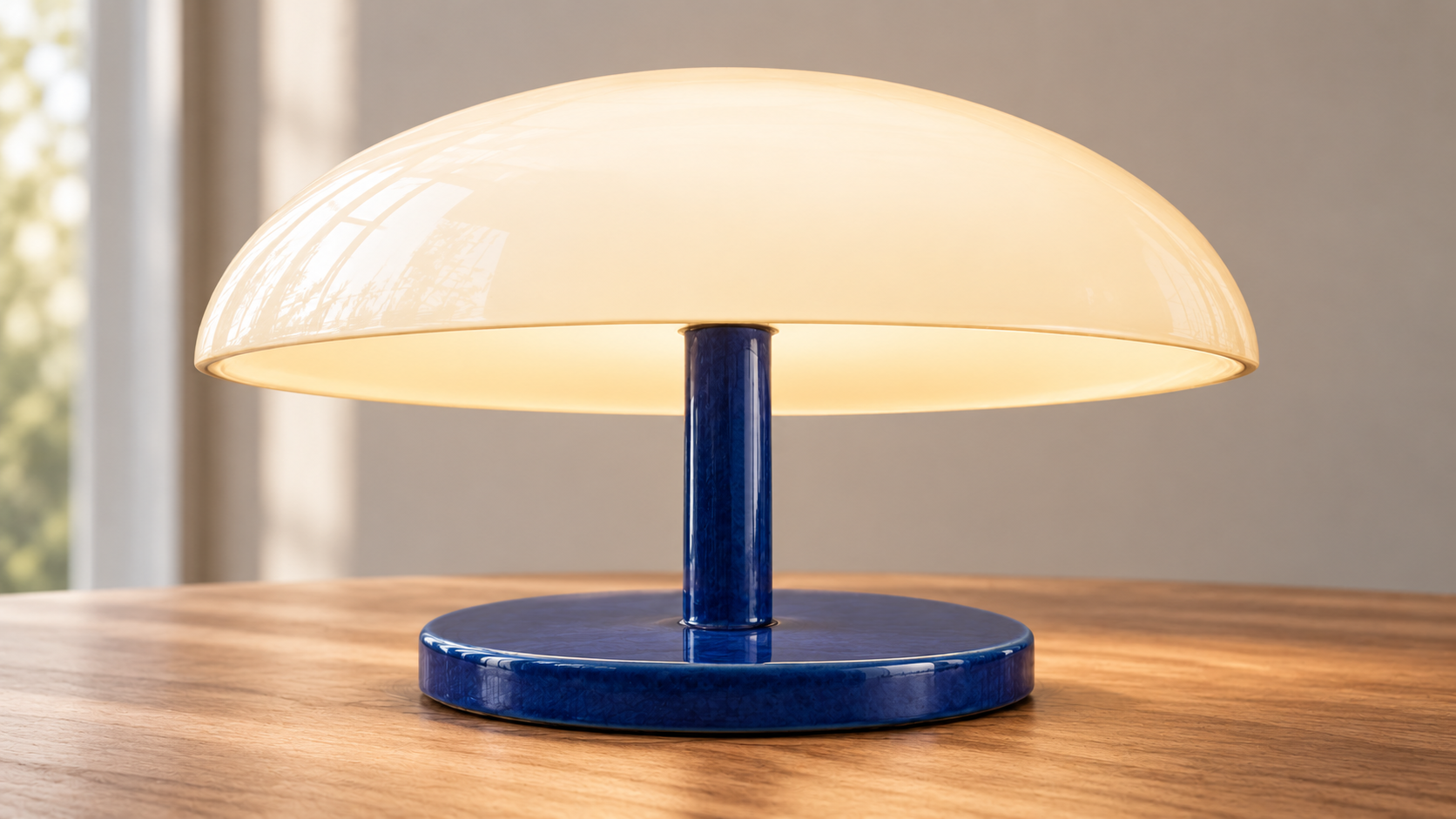 Lámpara de mesa con forma de seta, pantalla de vidrio crema y base de cerámica azul cobalto.