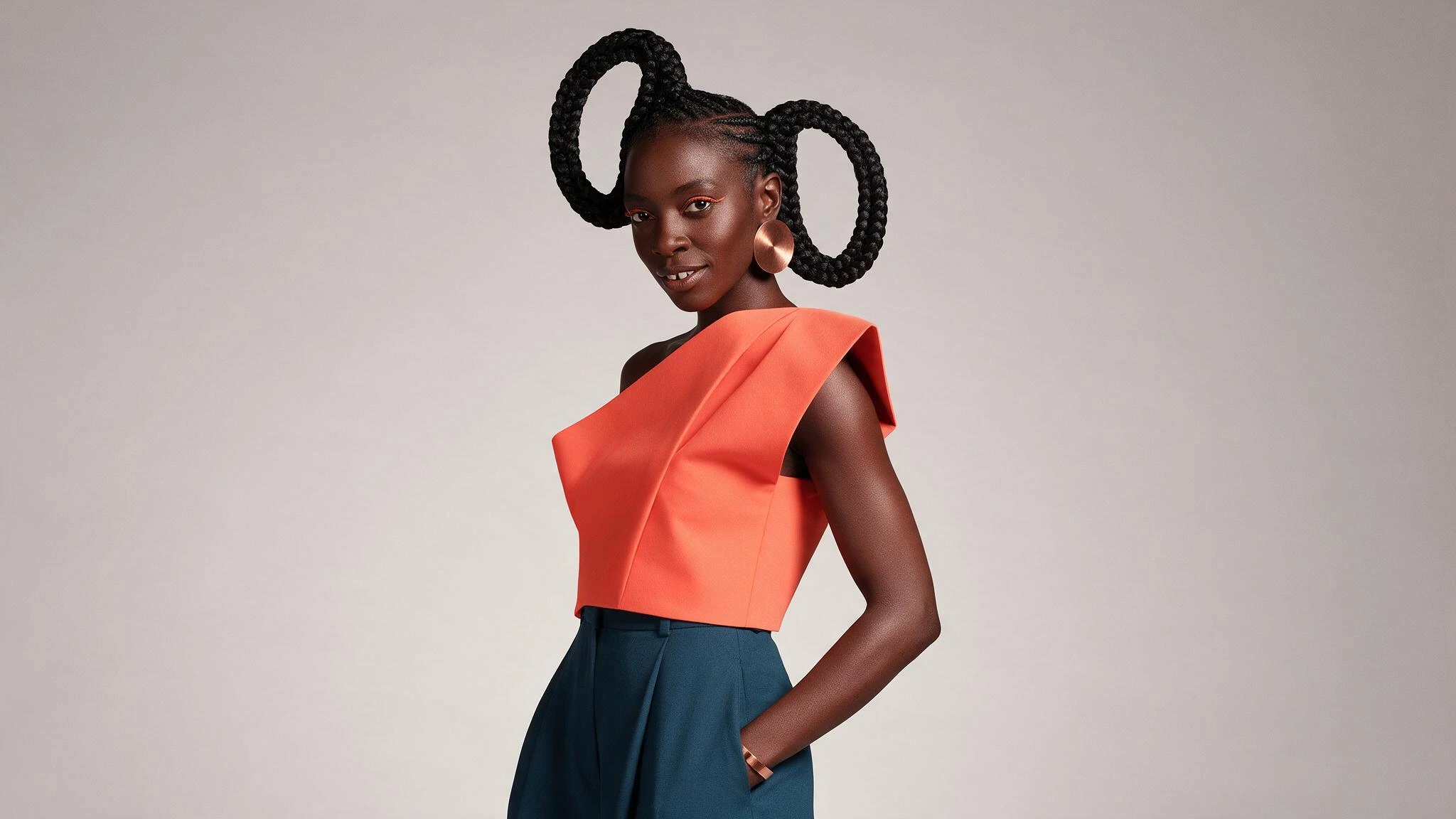 AI influencer con trenzas de bucle escultórico.