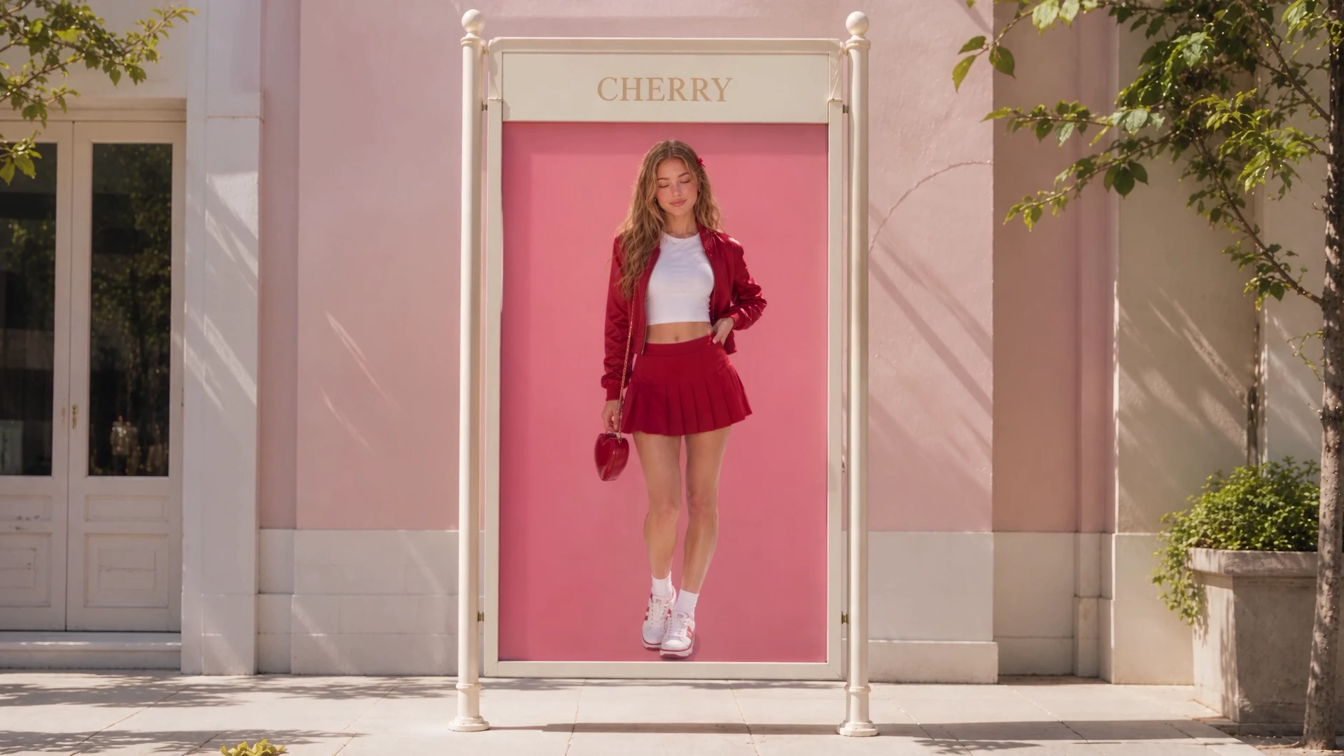 A fashion character steps out of a street poster into the real world.