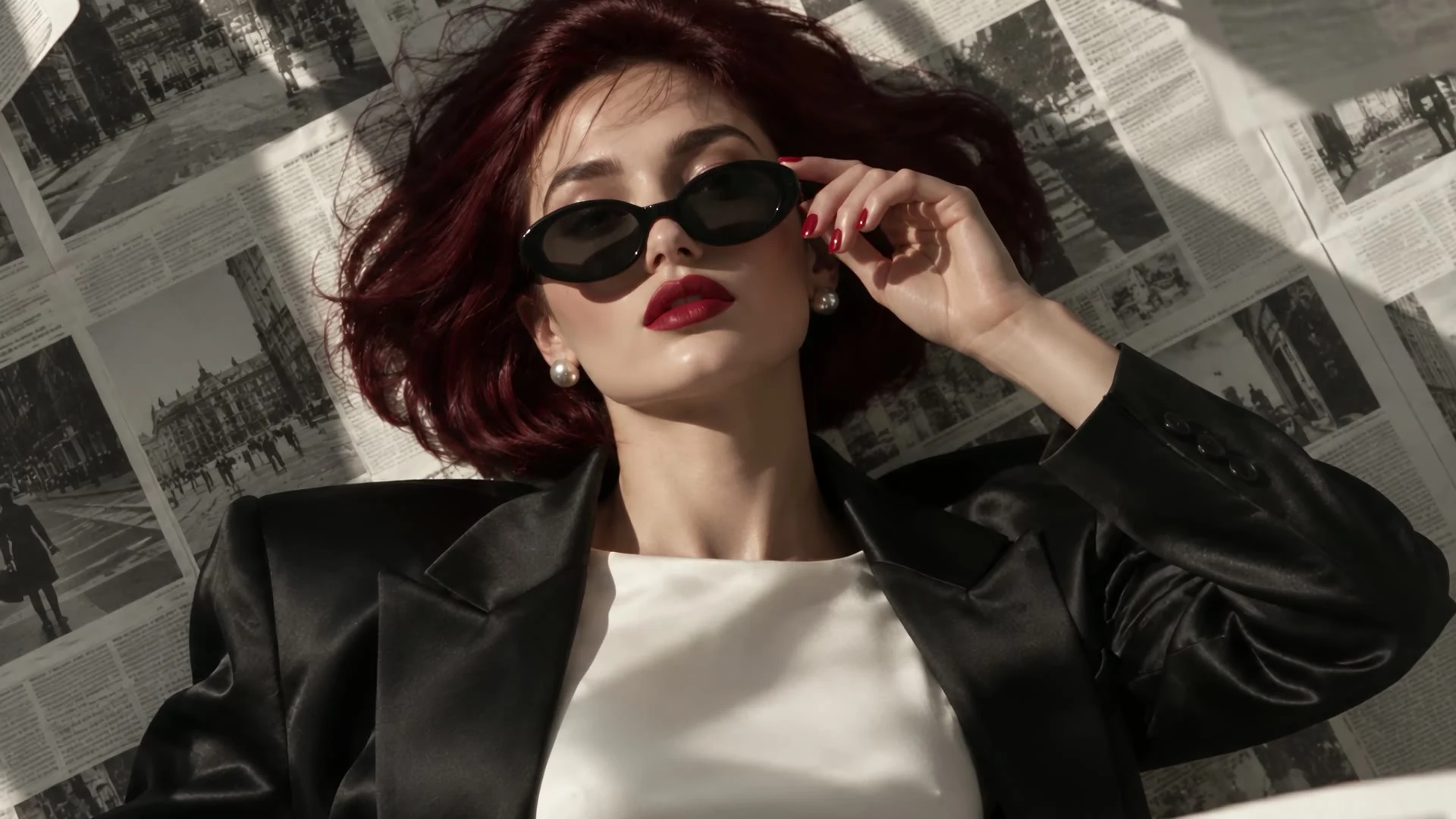 Beauty editorial featuring red lips, dark sunglasses, and flying newspaper pages