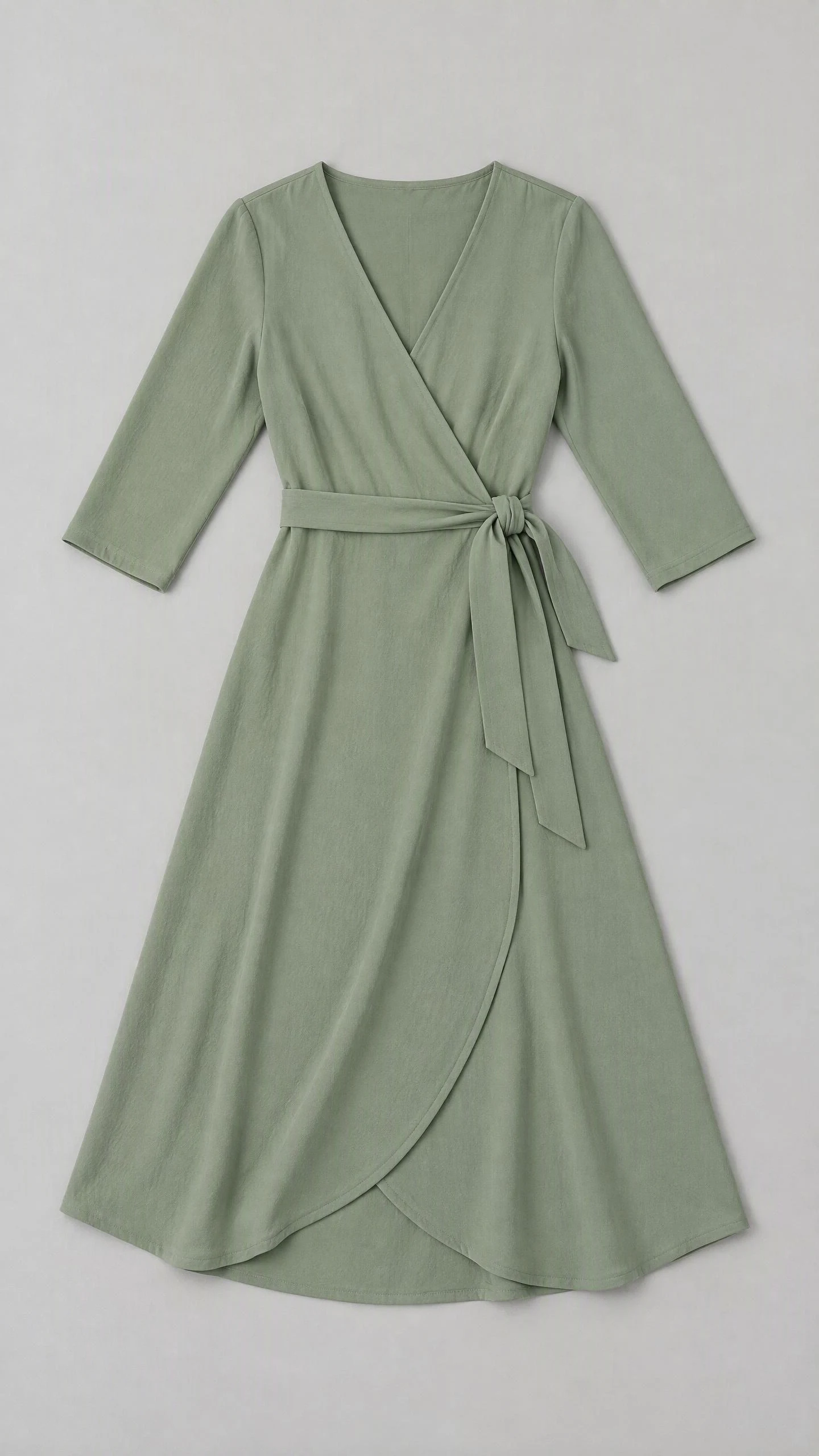 Vestido midi cruzado verde salvia extendido en plano, con escote, cinturón y mangas visibles