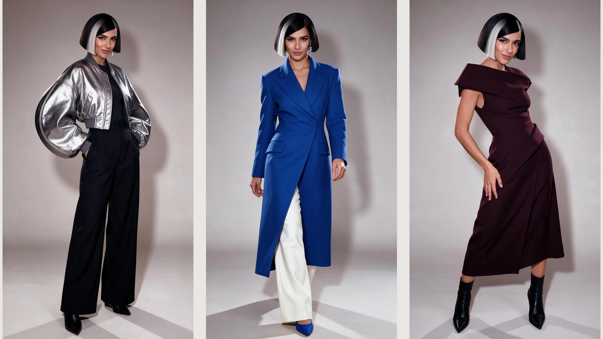 AI influencer con bob geométrico negro y platino, mostrado en tres atuendos diferentes.