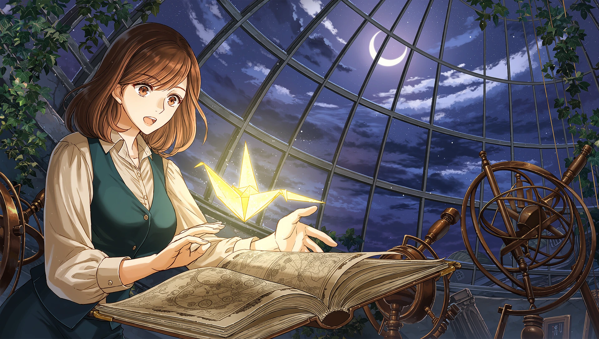 A fantasy cartographer discovering a glowing paper bird above an atlas in an observatory.