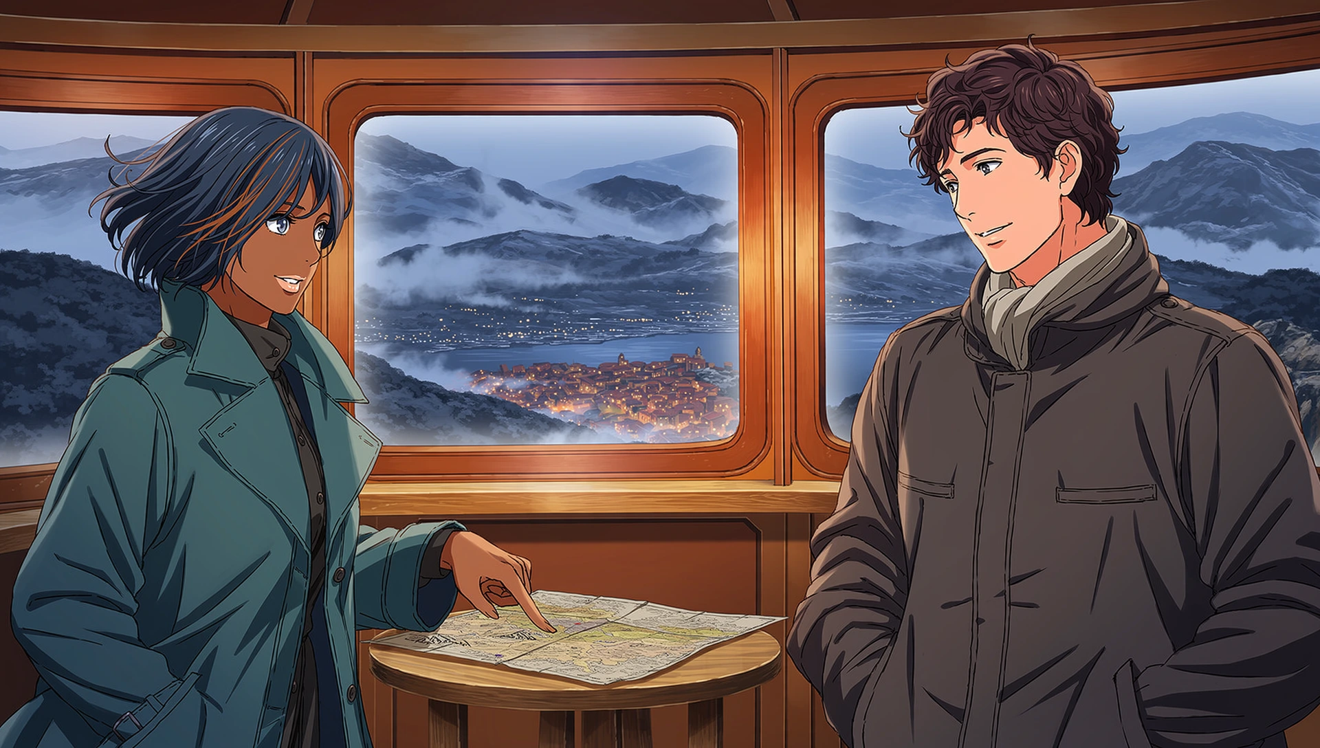 Two anime travelers planning a route on a map inside a mountain train.