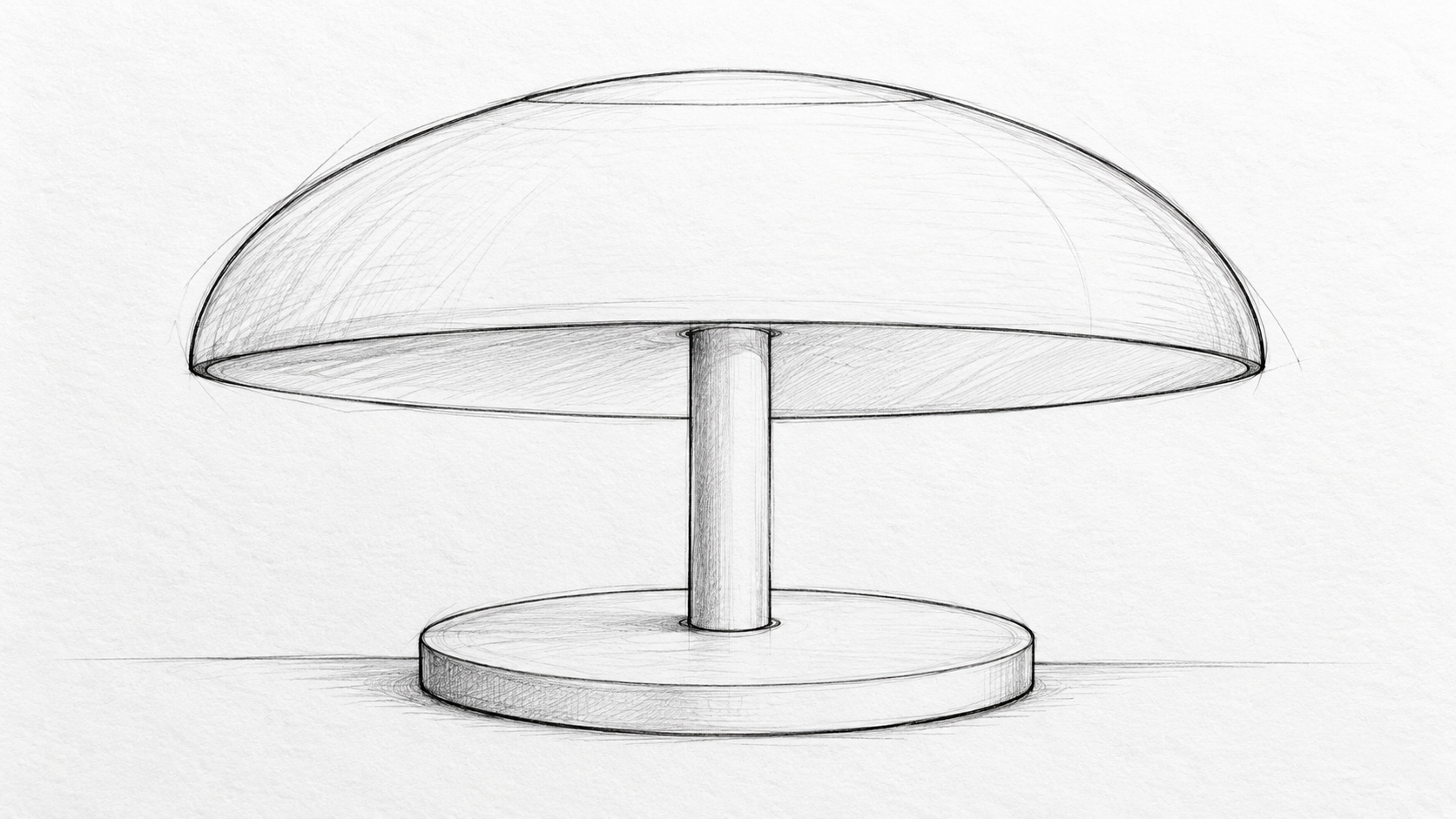 Boceto lineal que muestra la silueta y la perspectiva de una lámpara de mesa con forma de seta.