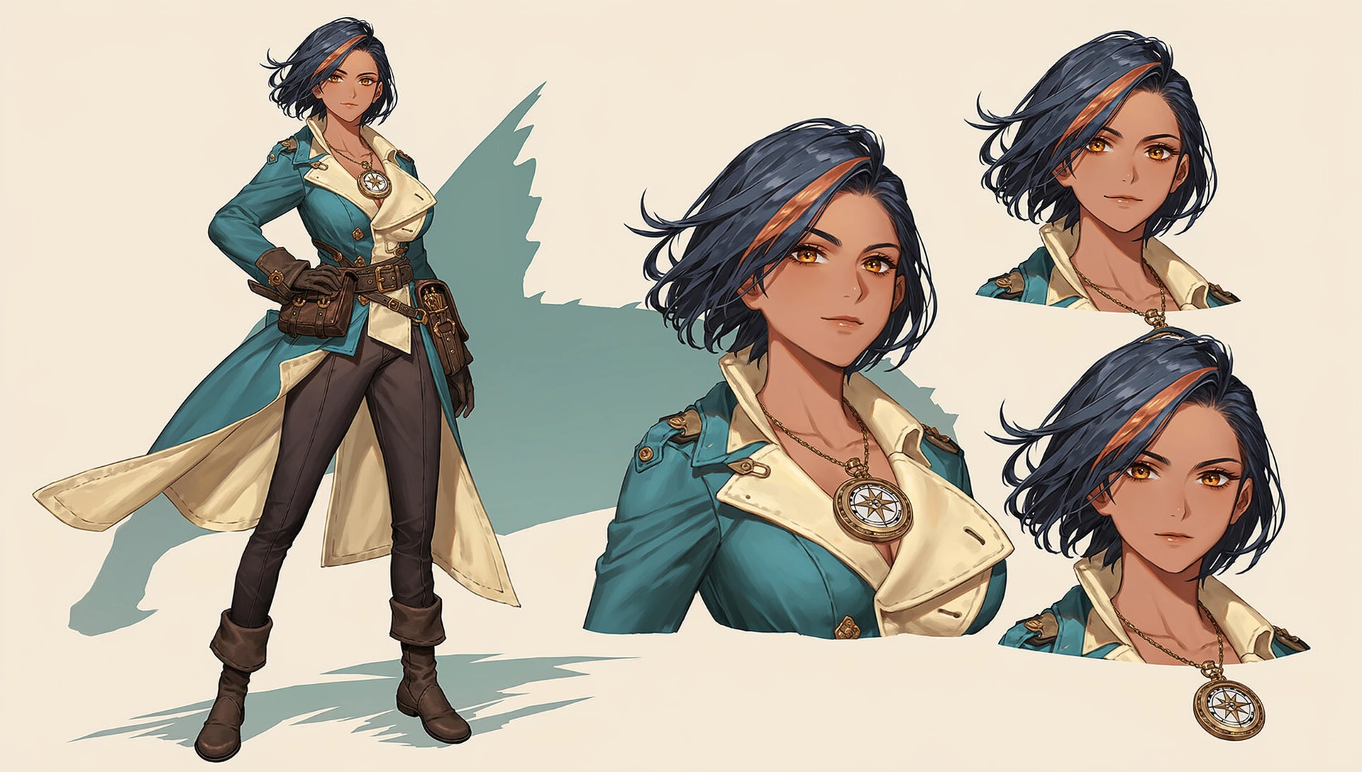 Original anime traveler character design with a teal coat and three facial expressions.