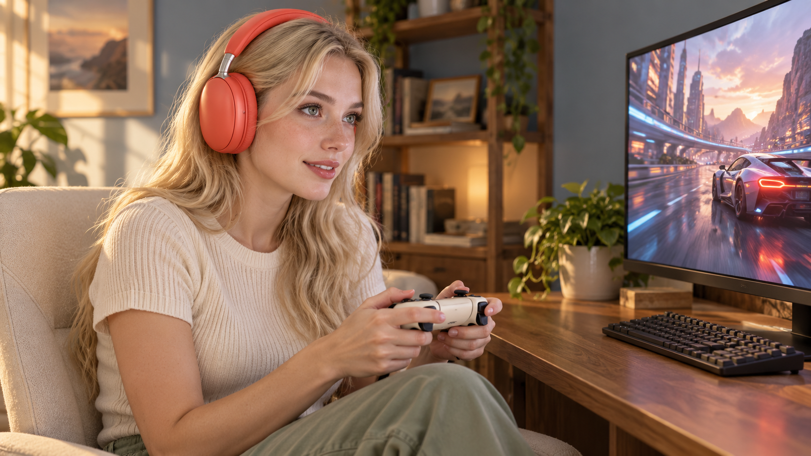 Una mujer adulta con auriculares coral sostiene un mando de videojuegos junto a un escritorio iluminado por el sol en su casa.