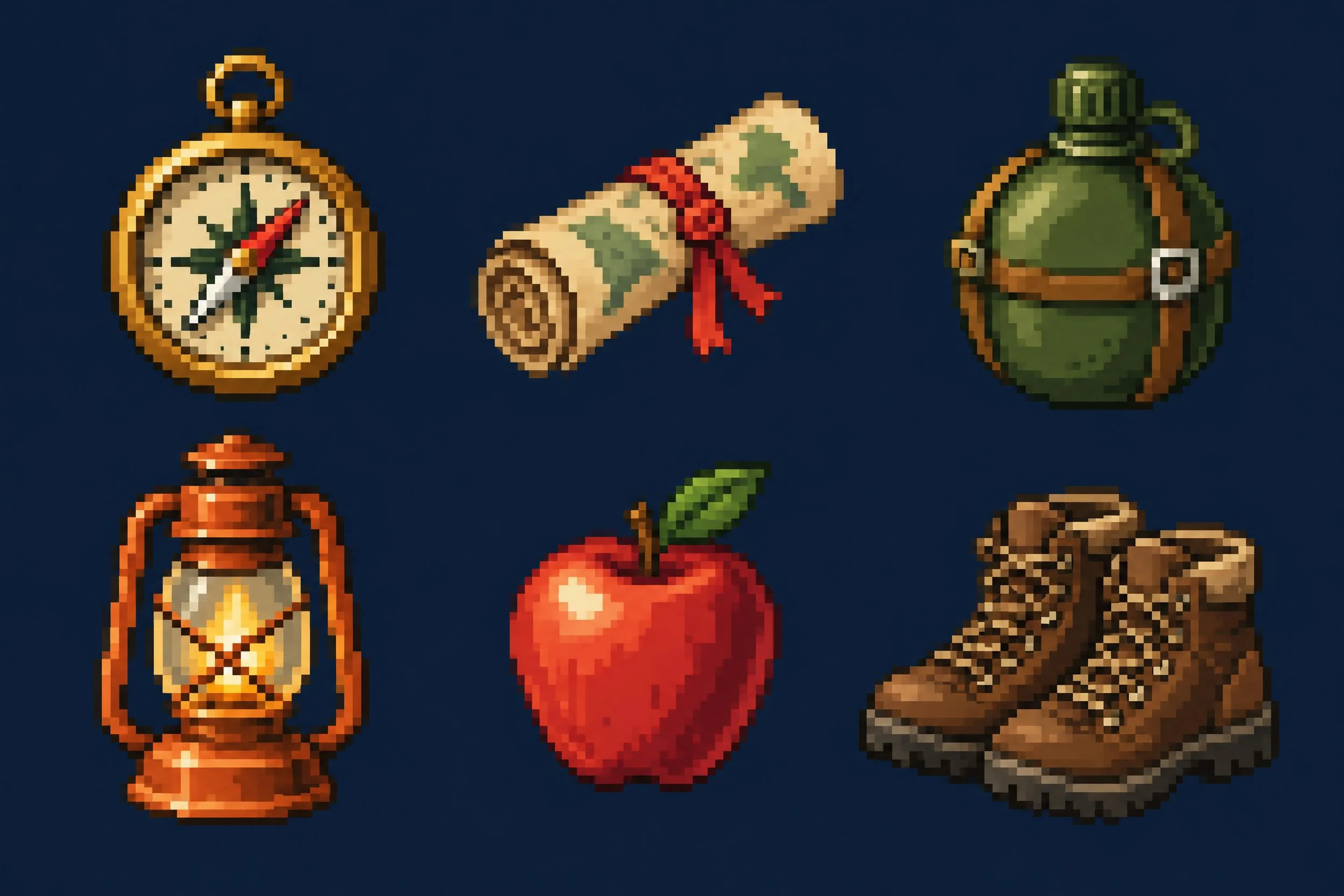 Six pixel-style hiking items arranged in two rows on a navy background.