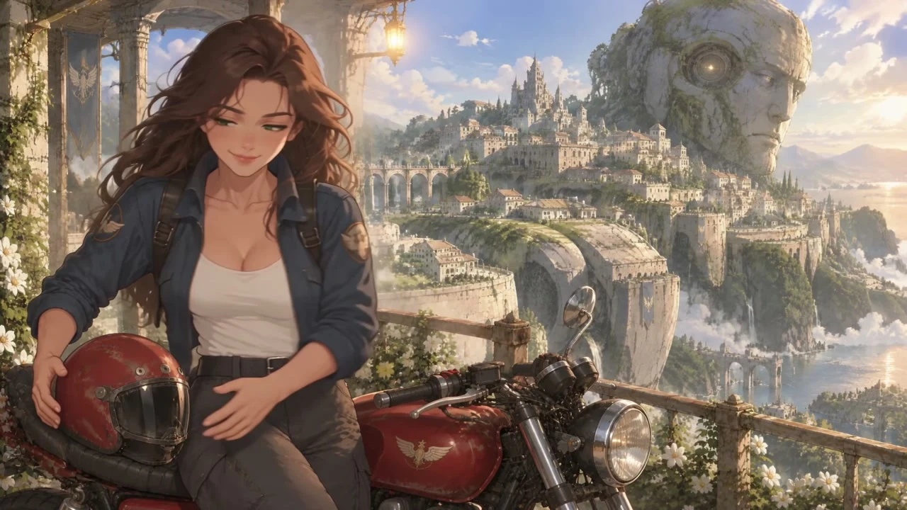 A rider sets off through sunlit arches toward a city built around an ancient machine.