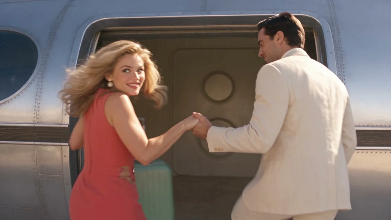 A sunlit romance follows two travelers through a retro-futurist holiday beyond Earth.