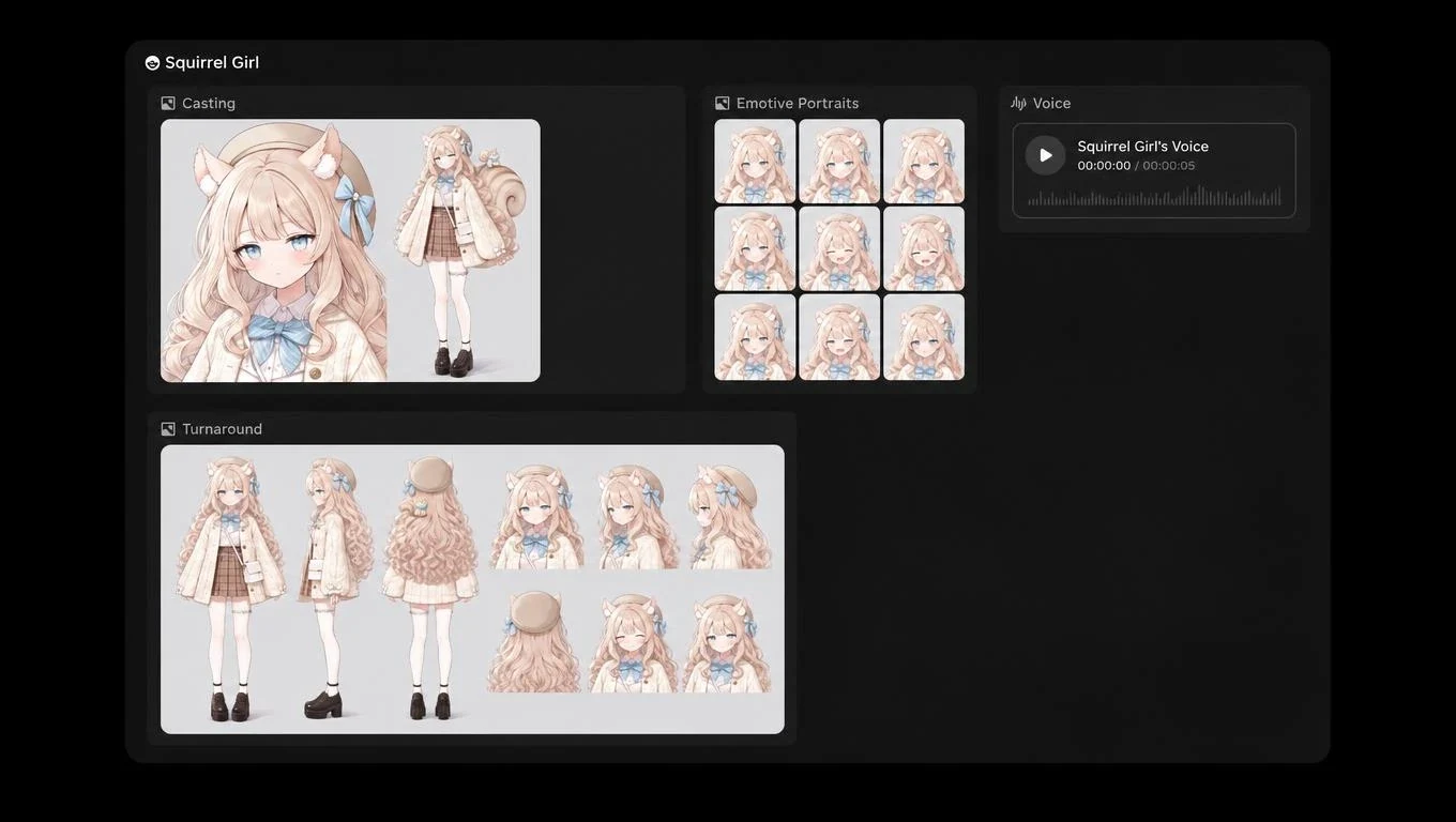 Character workspace showing a squirrel-girl design, expression portraits, turnaround views, and an audio panel.