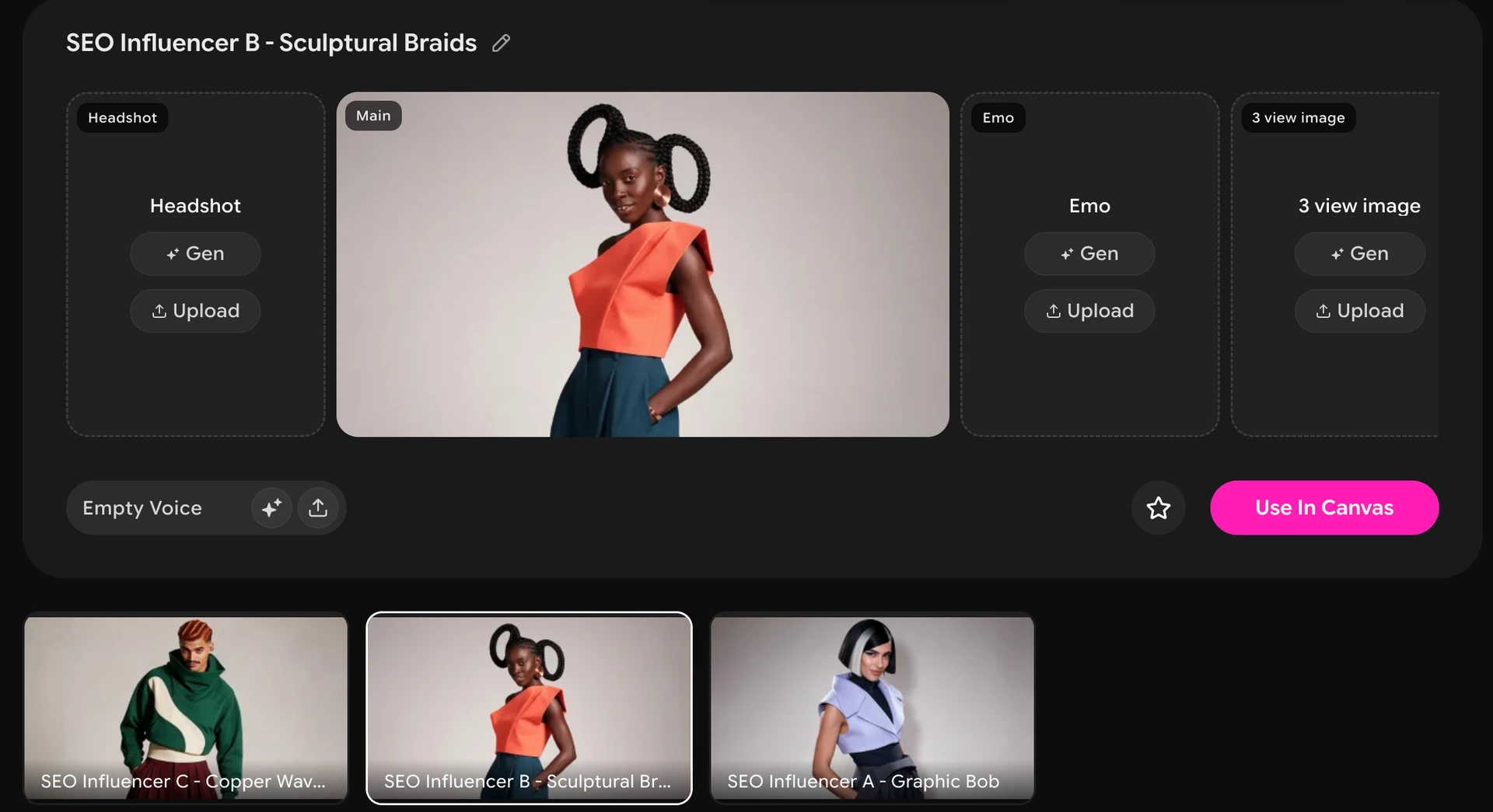 Activos OiiOii que muestran tres personajes de influencer de IA guardados y el botón Use In Canvas.