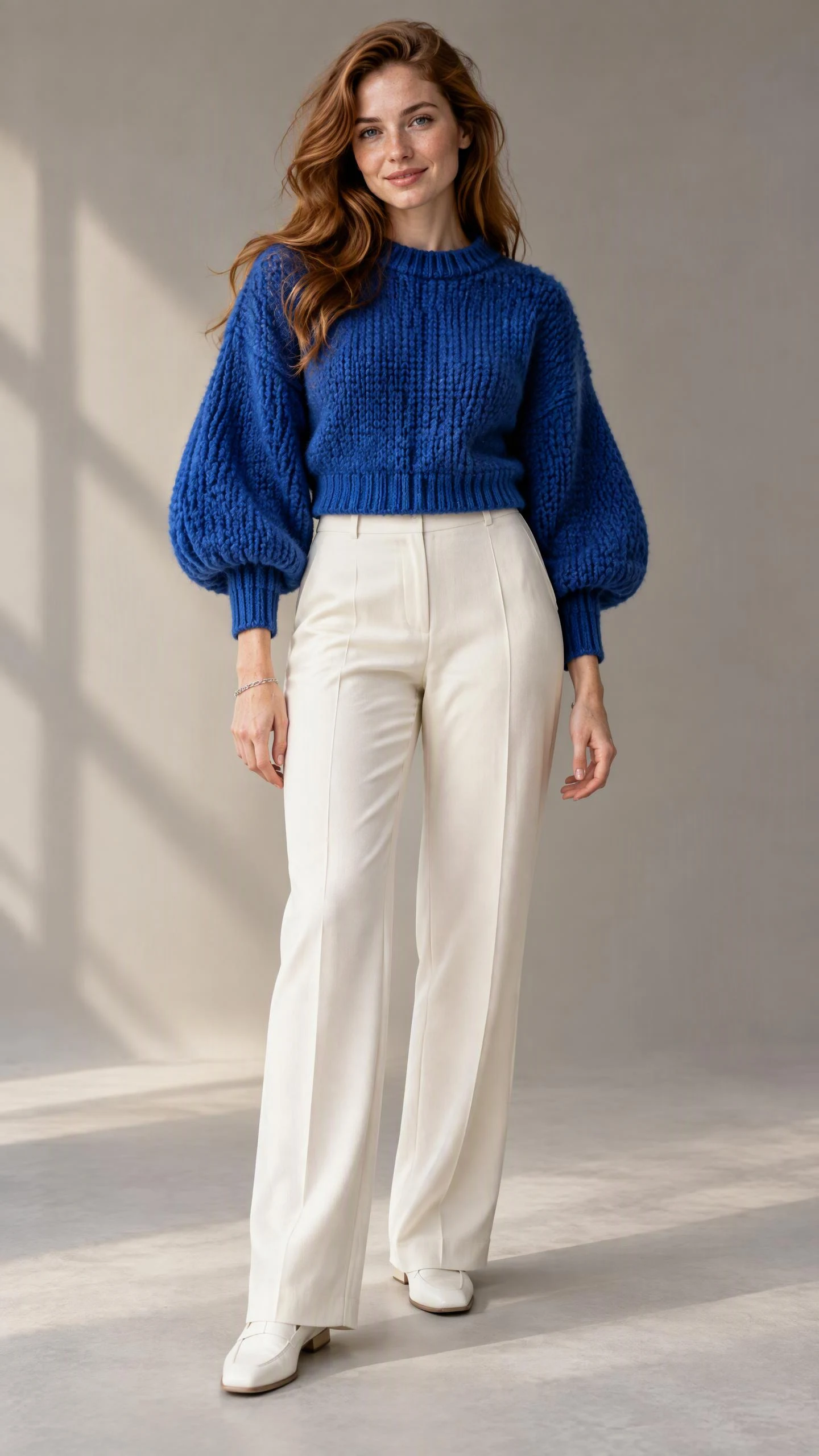 Mujer con jersey azul cobalto de mangas abullonadas y pantalones marfil en un estudio