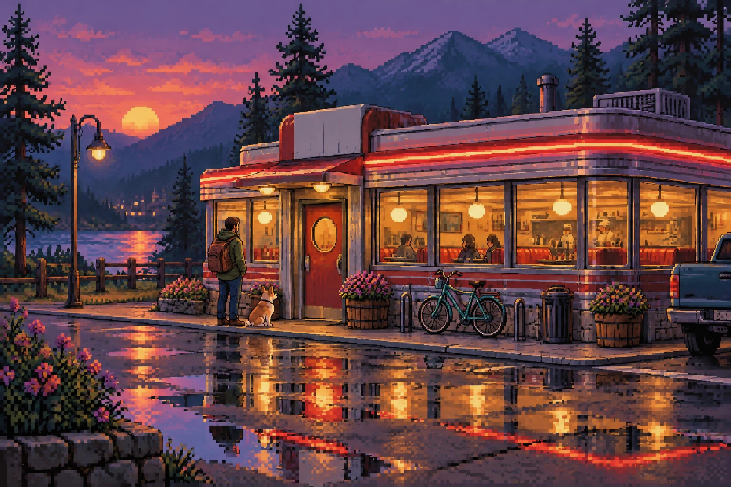 Pixel-style roadside diner at dusk with warm windows, a bicycle, and wet-street reflections.