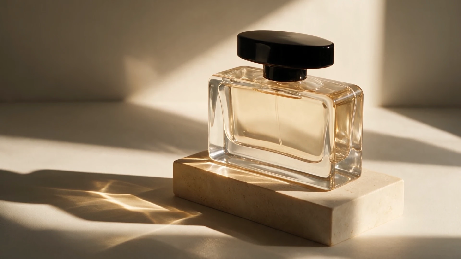Perfume bottle in warm studio light with a fine mist