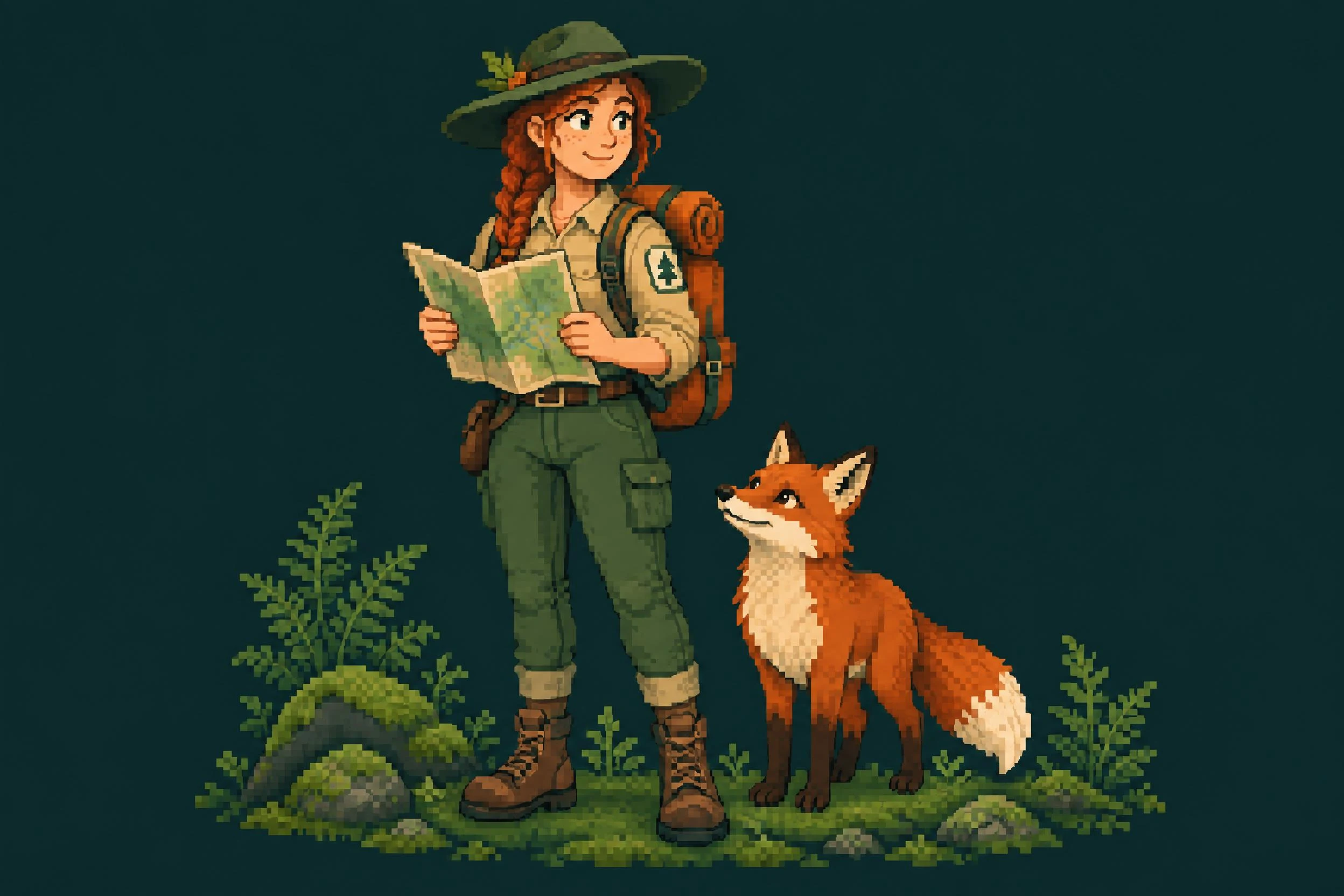 Pixel-style woodland ranger holding a map beside a red fox.