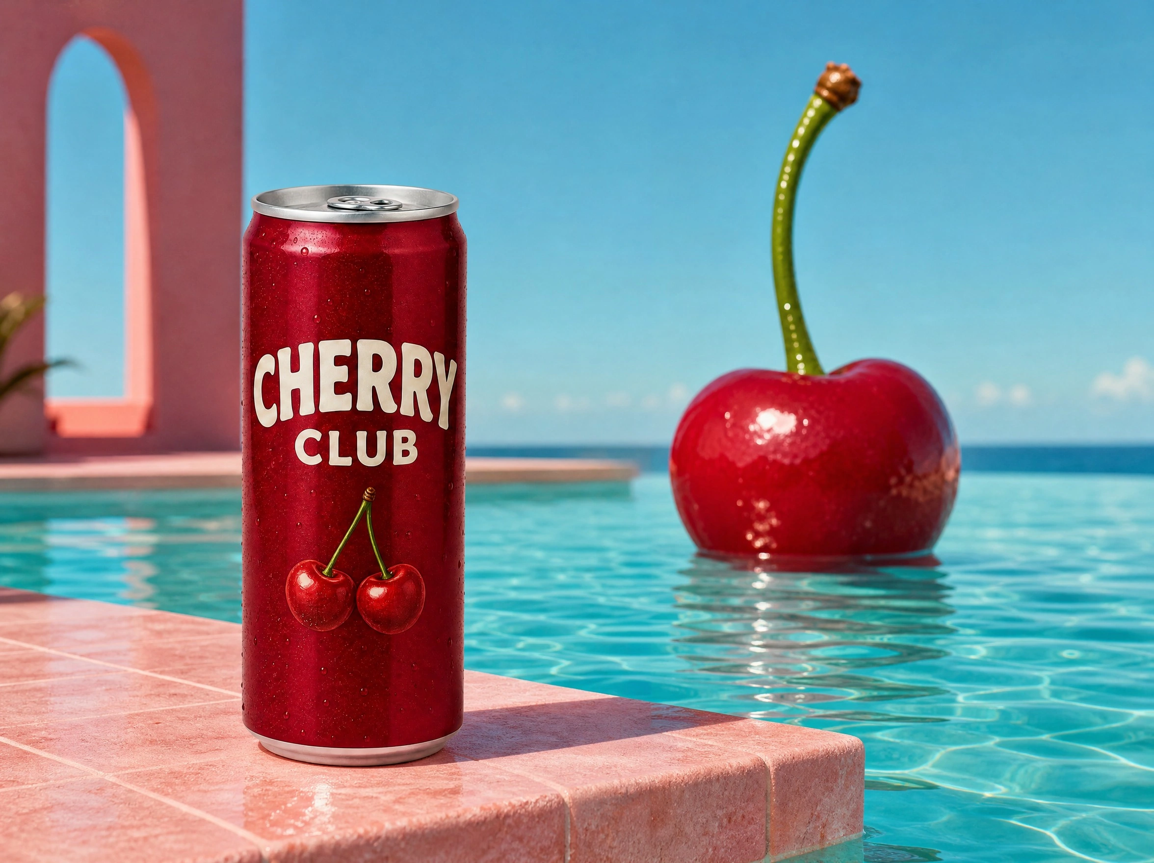 The same cherry soda can in a surreal poolside campaign.