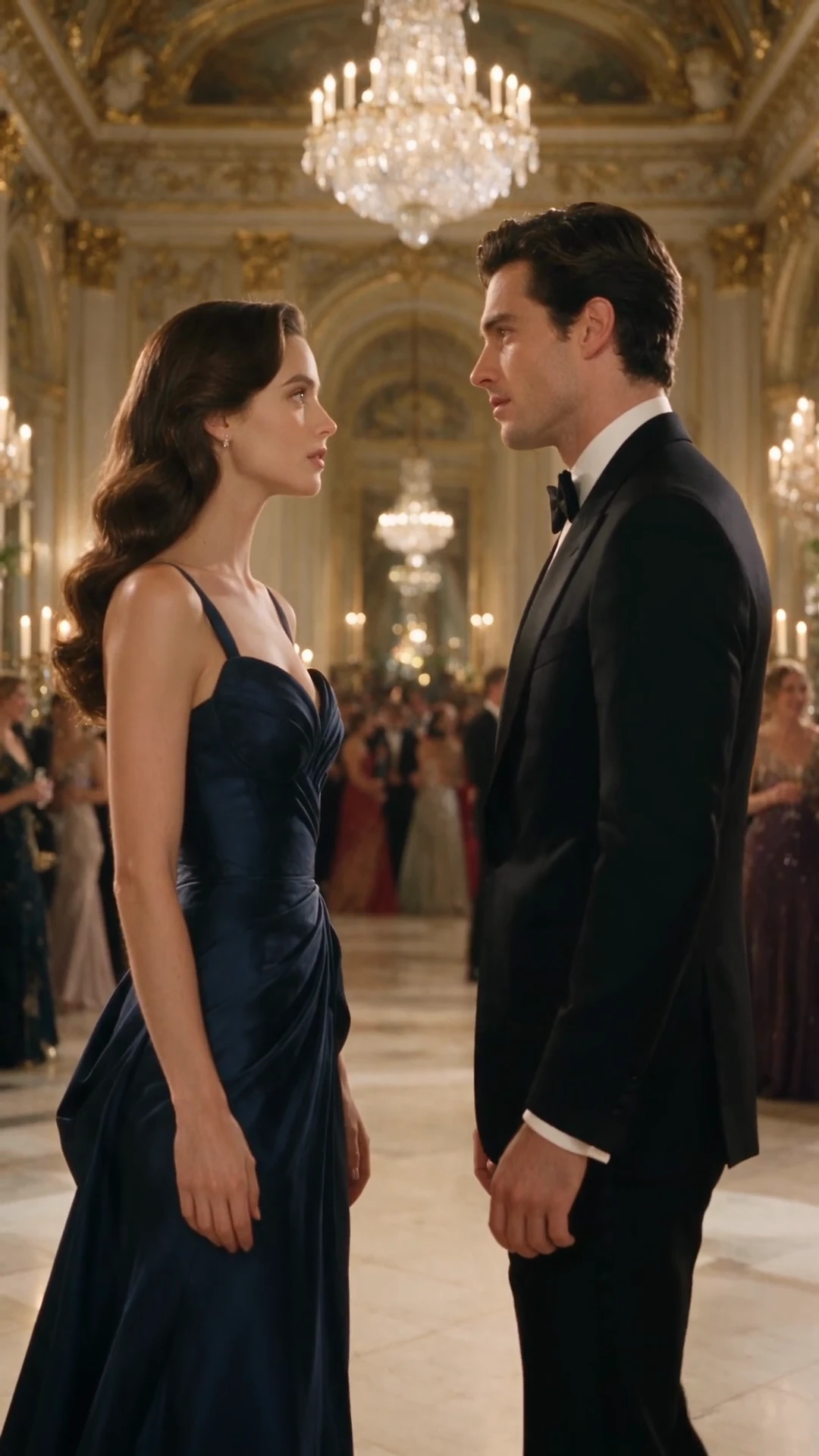 Two elegantly dressed adults meeting face to face in a chandelier-lit ballroom.