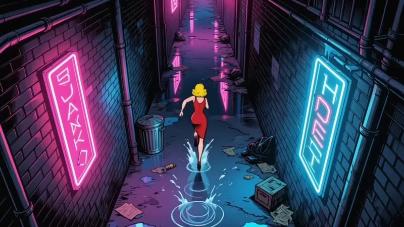 Personaje animado corriendo por un callejón lluvioso iluminado con neón