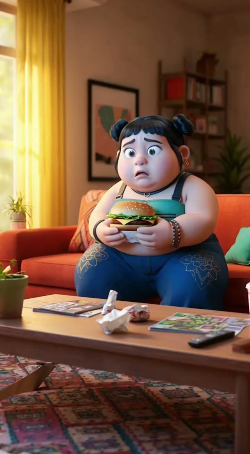 Personaje animado sosteniendo una hamburguesa en un sofá naranja