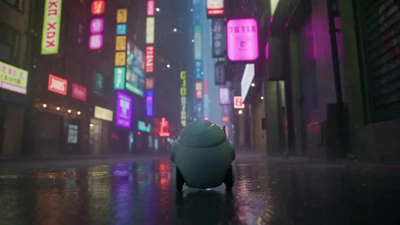 雨中街道上打着黄色雨伞的机器人