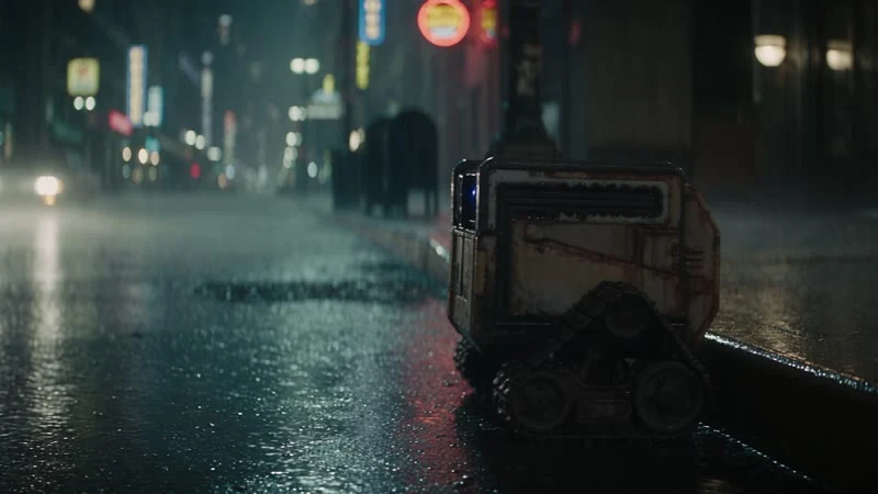 Robot caminando por una calle lluviosa
